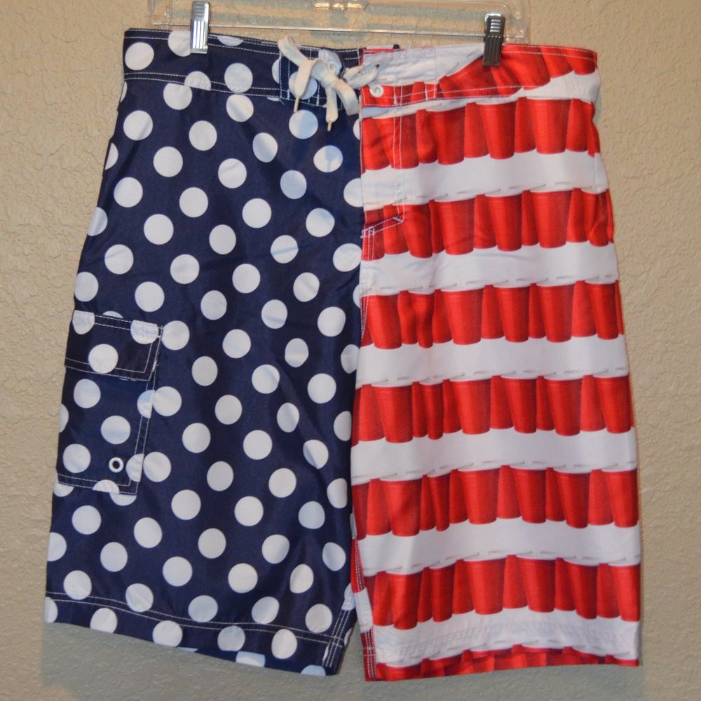 Sz L Spencer’s Beer Pong Swim Trunks Red White & Blue American Flag